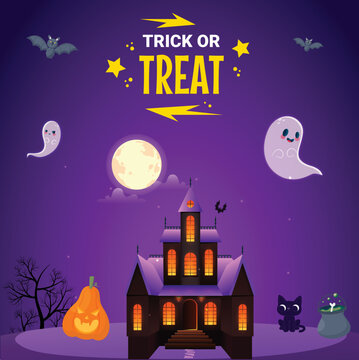 Trick or Treat social media banner template design. Horror poster template with ghost and Pumpkin 