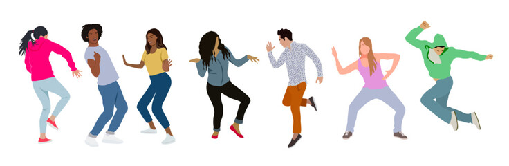 Obraz na płótnie Canvas Group of young happy dancing people or male and female dancers isolated on white background. Smiling young men and women enjoying dance party. Colorful vector illustration in flat cartoon style.