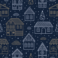 Seamless pattern with Christmas houses and Christmas tree. Great for fabric, textile vector illustration