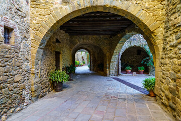 Picturesque alley with stone houses and arched passageway with green plants on the ground, Monells, Girona, Spain.