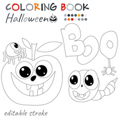 Happy Halloween. Cute apple with spider and worm. Halloween coloring page.