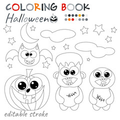 Happy Halloween. Voodoo doll, pumpkin and bat. Halloween coloring page.