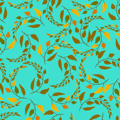 Autumn branches with leaves on turquoise background vector seamless pattern
