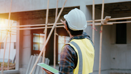 Professional male civil engineer or architect wear safety helmet. While engineer, inspector walking use tablet technology for check list building project on construction site. Real estate concept.