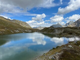 Fototapeta na wymiar The Jöriseen (Joeriseen or Joriseen) - group of Alpine lakes located ih the Silvretta Alps mountain range and in the Swiss Alps massif, Davos - Canton of Grisons, Switzerland (Kanton Graubünden)