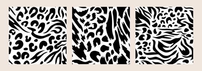 Fototapeta premium Leopard and zebra abstract seamless pattern. Animal skin vector background. Black and white texture