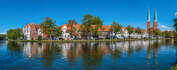 Lübeck, Germany. View of the old town across the river Trave.