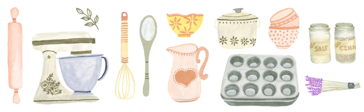 Isolated Watercolor And Gouache Hand Painted Collection Of Kitchen And Baking Items.  Hygge.  Cute And Cozy. Design Elements For Stickers, Menus, Recipes And More