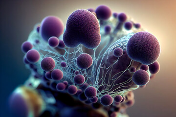Mucor mold, Bread mold fungi, black fungus, Mucor indicus can cause zygomycosis. Abstract biology background, microscopic view of organic substance, microorganism or cells, Microbiology 3d render

