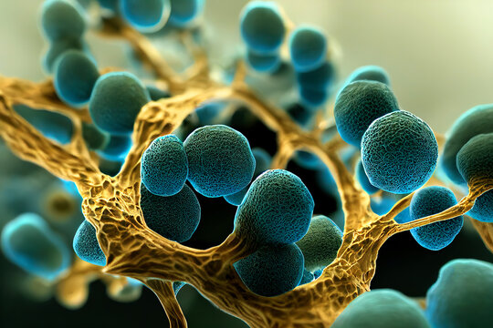 Abstract biology background, microscopic view of organic substance or cells. Candida fungi, Candida albicans, and other human pathogenic yeasts, 3D illustration. 