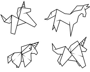 Geometric unicorn illustration in origami style, suitable for children's book or website design. A set of horses drawn with lines. Fabulous cute unicorns.