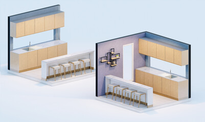 Isometric view of pantry kitchenette Orthographic view 3d rendering	