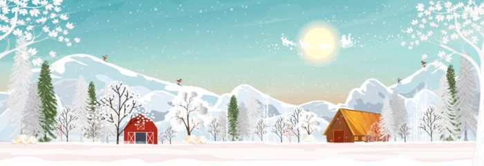 Fotobehang Winterlandschap met sneeuwende bospijnboom en bergen, Panoramisch Winterwonderland met boerderij in dorp, Vector Horizontale banner voor kerstvakantie of Nieuwjaar 2023 achtergrond © Anchalee