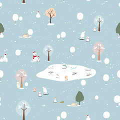 Seamless pattern Winter landscape with polar bear playing ice skate,Vector cute pattern cartoon design of nature for Christmas or New year wrapping paper or wallpaper