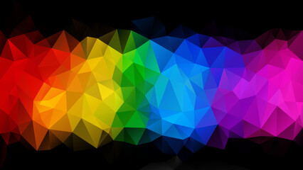vector abstract irregular polygon - triangle low poly pattern - vibrant full spectrum multi color rainbow horizontal stripe on black background