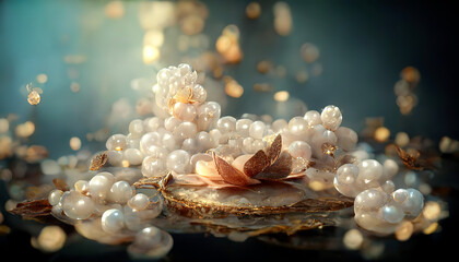 Beautiful group of shiny pearls on soft background with sparkles and light beams with copy space....