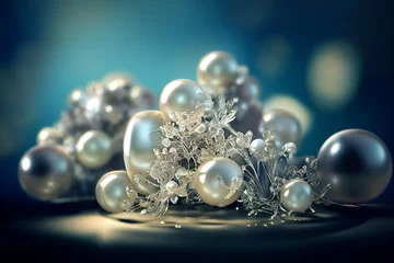 Schöne Gruppe glänzender Perlen mit Schmuck auf weichem Hintergrund mit Glitzern. Abstrakter Luxusschmuckhintergrund für Verpackung, Hochzeitseinladung und Banner. 3D-Rendering © Viks_jin