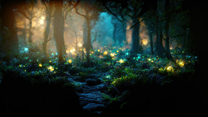 Dark magical fairy tale forest background with glowing lights - obrazy, fototapety, plakaty