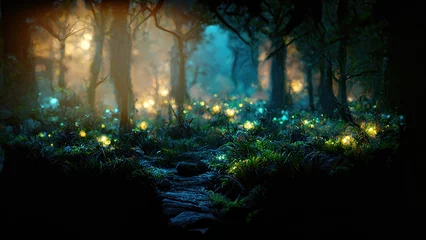 Rolgordijnen Sprookjesbos Donkere magische sprookjesbosachtergrond met gloeiende lichten