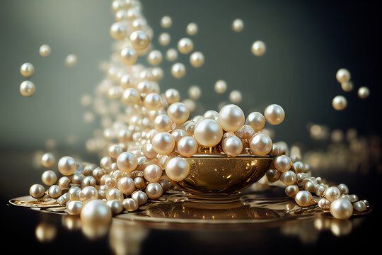 Beautiful group of shiny pearls on soft background with sparkles and light beams with copy space. White pearls whit gold in motion background. Pile of pearls on the shiny background

