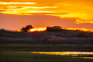 Sunset Over Wetland Landscape With Shades Of Orange Created A Scenic Breathtaking View By Dramatic Clouds In The Sky