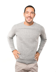 Fototapeta premium Amazed young man looking up gesture