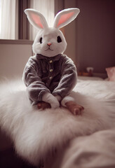 cute plush fluffy bunny in pajamas sits on the bed in the bedroom