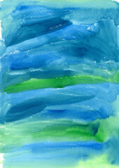 Green blue watercolor background abstract painting texture. Drawn, hand painted. For poster, print, your design.