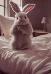 cute plush fluffy bunny in pajamas sits on the bed in the bedroom