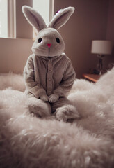 cute plush fluffy bunny in pajamas sits on the bed in the bedroom