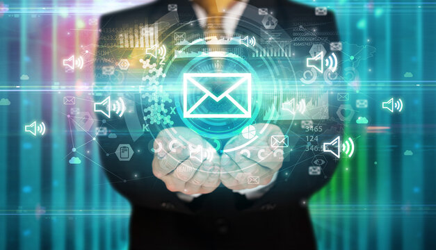 Businessman holding technology icon concept