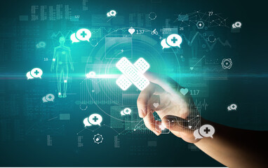 Doctor hand pressing futuristic health device with medical symbol on screen