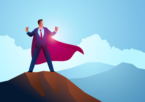 Businessman as a superhero standing on the top of a mountain