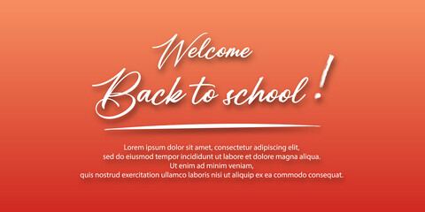 Welcome back to school. Holiday for students. Small handwritten text back to school. Place for text.  banner concept with notebook or note pad and pen. Orange autumn background.