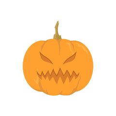 Illustration of a Halloween pumpkin with a carved evil and bloodthirsty face. Vector isolated on white background