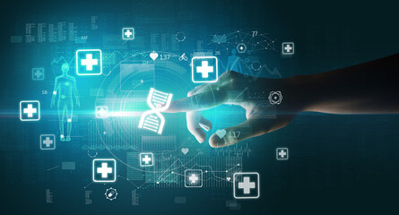 Doctor hand pressing futuristic health device with medical symbol on screen