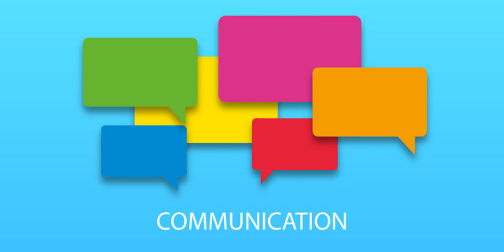  illustration of communication concept. Word communication with colorful dialog speech bubbles. Paper cut style on blue background