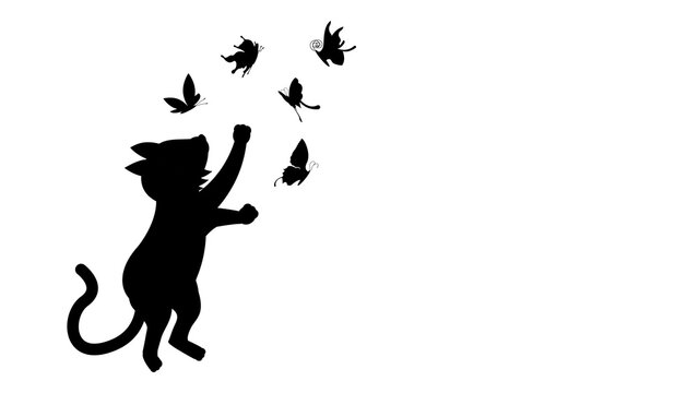 Abstract Black Line Silhouette Cat Catches Butterflies Vector Icon Nature Design Style Decoration Cartoon Background Isolated