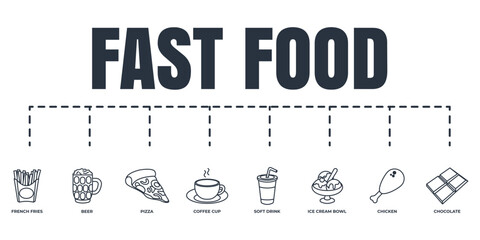fast food banner web icon set. beer, chicken, french fries, pizza, ice cream bowl, chocolate bar, soft drink, coffee cup vector illustration concept.
