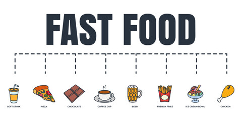 fast food banner web icon set. beer, chicken, french fries, pizza, ice cream bowl, chocolate bar, soft drink, coffee cup vector illustration concept.