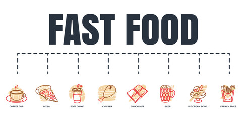 fast food banner web icon set. beer, chicken, french fries, pizza, ice cream bowl, chocolate bar, soft drink, coffee cup vector illustration concept.
