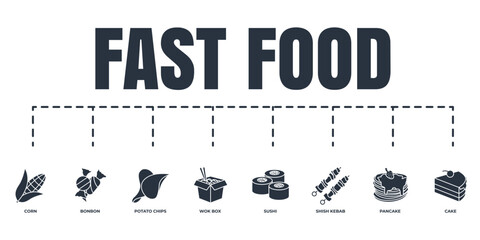 fast food banner web icon set. cake, shish kebab, potato chips, corn, wok box, sushi, pancake, bonbon vector illustration concept.