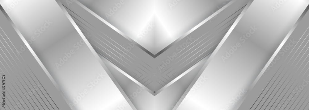 Aufkleber Wide luxury abstract background with silver gradient lines triangle arrows and shadows. Modern light silver color wide metallic banner with angles. Futuristic geometric vector abstract backdrop.