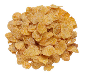 Breakfast cereal, top view pile of sugar-coated cornflakes closeup isolated clipping path on white background