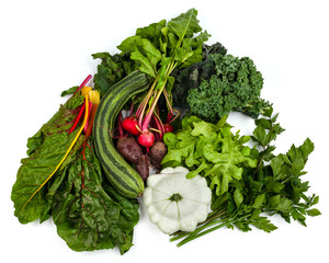 - Mangold, Zucchini, Rote Bete, Ringelbete, Salat, Kürbis, Sellerie, Grünkohl auf weißem...