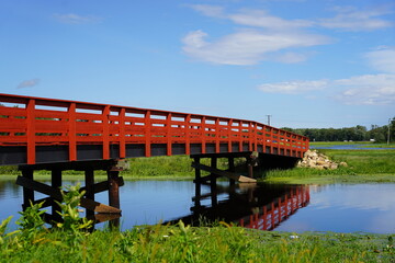 Red painted bridge used in a community park.