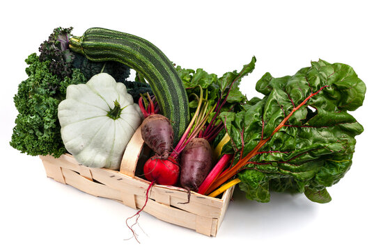 - Mangold, Zucchini, Rote Bete, Ringelbete, Salat, K&uuml;rbis, Sellerie, Gr&uuml;nkohl in einem Korb auf wei&szlig;em Untergrund - Regionales, saisonales Gem&uuml;se