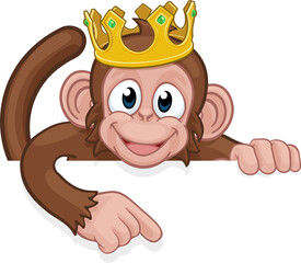 Monkey King Crown Cartoon Animal Pointing At Sign