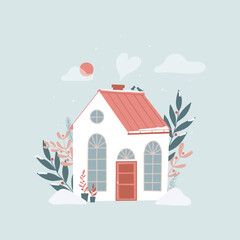 hand drawn cute cottage, counry house decorated with floral elements for posters, prints, greeting cards, banners, invitations, etc. EPS 10