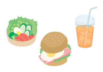 モーニングハンバーガーとサラダと飲み物のイラストセット
